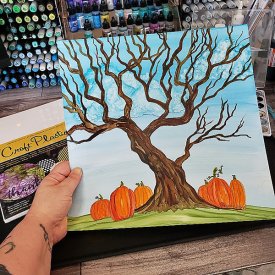Alcohol Ink Spooky Tree and Pumpkins on Grafix Opaque White Craft Plastic Film